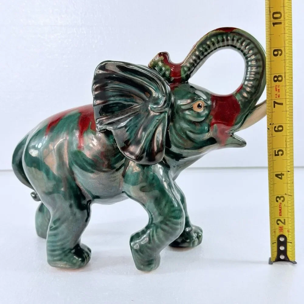 Vtg 1950's Ceramic Art Pottery Elephant Figurine Lucky Trunk Up Green Red Glaze